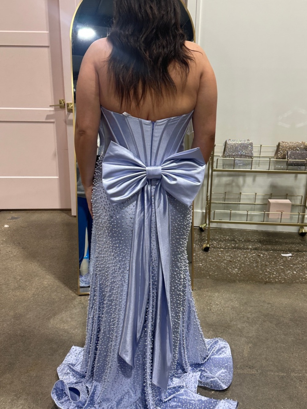 Sherri Hill Light Lavender Strapless Mermaid Gown with Dramatic Bow